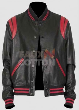 Men's Black Bomber With Red Stripes Leather Jacket
